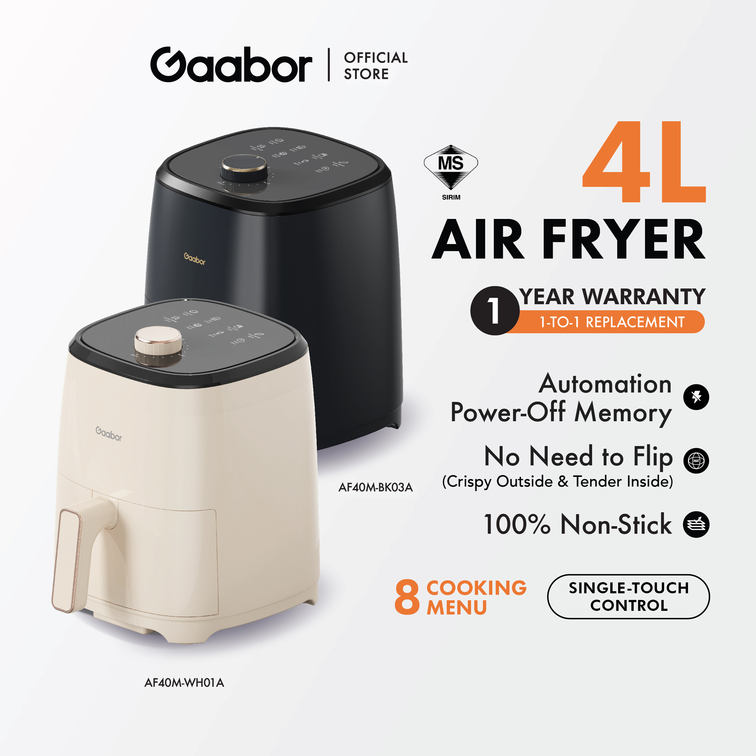Gaabor 4L Air Fryer Low Watt 8 Menu Non-Stick Coating Oil-Free Frying Machine AF40M-WH01A Gaabor 4L Air Fryer Low Watt 8 Menu Non-Stick Coating Oil-Free Frying Machine AF40M-WH01A